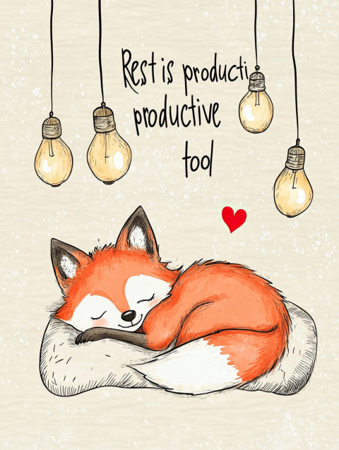 Hand-drawn sleepy fox sketch with three vintage bulbs and a red heart. "Rest is productive too" in playful handwriting. Warm beige background with soft shading and red accents. Hand-drawn sleepy fox sketch with three vintage bulbs and a red heart. "Rest is productive too" in playful handwriting. Warm beige background with soft shading and red accents.