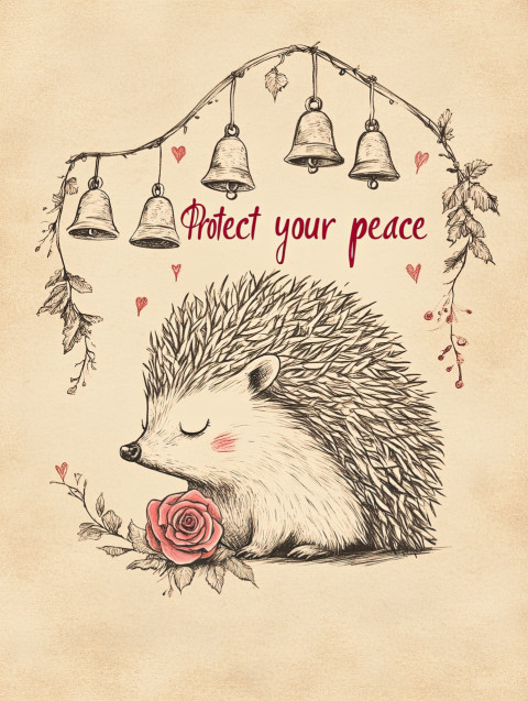 Hand-drawn hedgehog sketch with four vintage bells and a red rose. "Protect your peace" written in playful font. Warm beige textured paper with soft pencil shading and red accents Hand-drawn hedgehog sketch with four vintage bells and a red rose. "Protect your peace" written in playful font. Warm beige textured paper with soft pencil shading and red accents