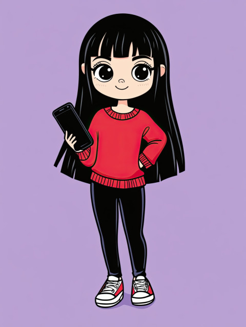 Black-haired cartoon girl winks with one hand on hip holding smartphone in red sweater Black-haired cartoon girl winks with one hand on hip holding smartphone in red sweater