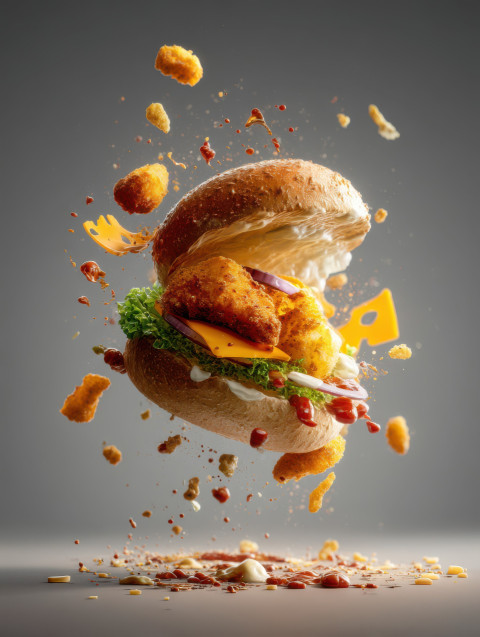 Crispy fish sandwich bursts in mid-air with sauce splashes and ingredients flying Crispy fish sandwich bursts in mid-air with sauce splashes and ingredients flying