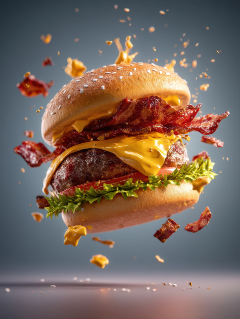 Bacon-wrapped cheeseburger explodes mid-air in slow-motion with toppings and sauce Bacon-wrapped cheeseburger explodes mid-air in slow-motion with toppings and sauce