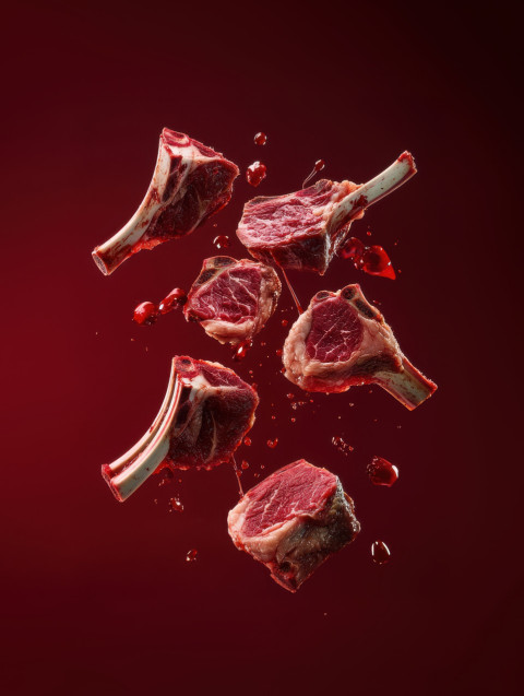 Raw lamb chops suspended in mid-air with red juice splashes and bone slices in cinematic clarity