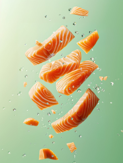 Raw salmon floating mid-air in sliced form with shimmering fish oil and salt crystals