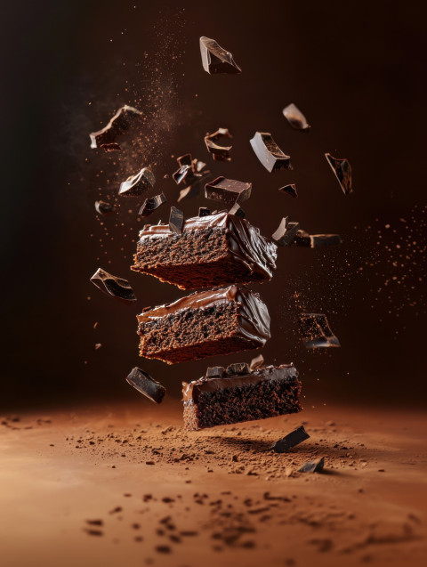 Rich chocolate cake bursts apart mid-air with cocoa dust and chocolate curls