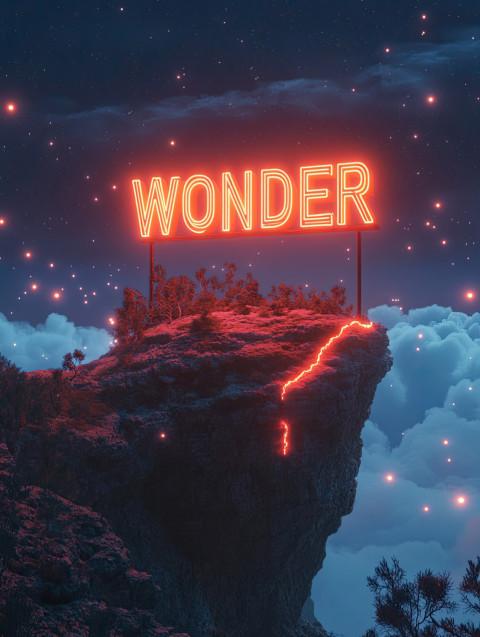 Neon "WONDER" on a cliff edge during golden hour Neon "WONDER" on a cliff edge during golden hour