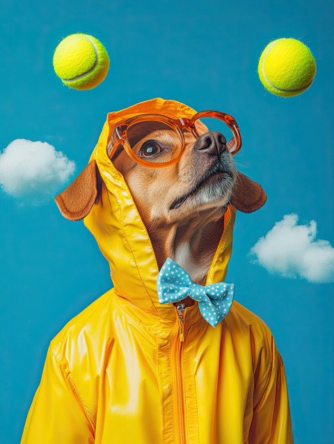 A surreal pop art portrait of a dog in a yellow raincoat with oversized glasses. Floating tennis balls and clouds add a playful A surreal pop art portrait of a dog in a yellow raincoat with oversized glasses. Floating tennis balls and clouds add a playful