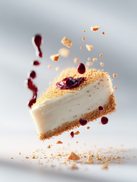 Hyper-realistic photograph of a cheesecake slice suspended mid-air