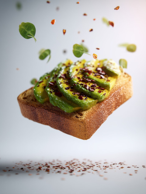 Hyper-realistic photograph of an avocado toast slice floating mid-air