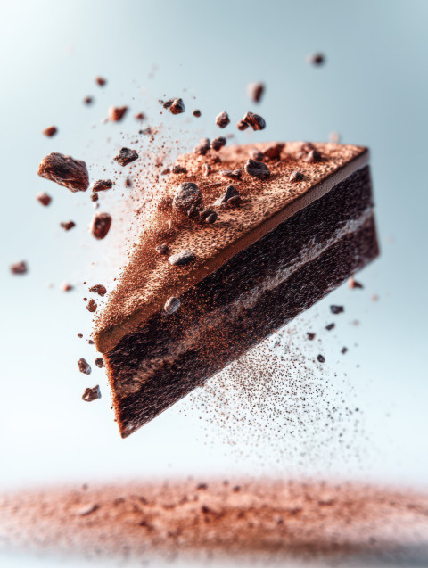 Hyper-realistic photograph of a chocolate cake slice floating mid-air