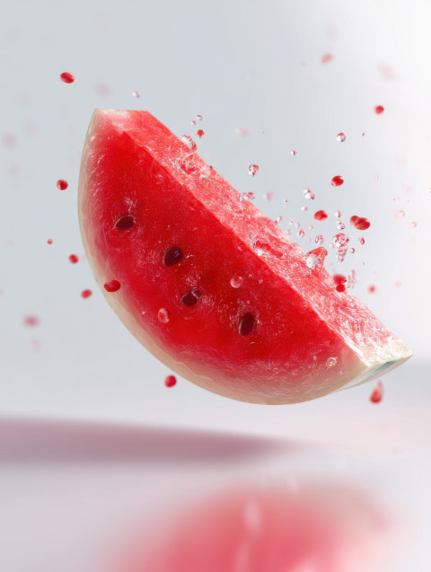 Hyper-realistic photograph of a watermelon slice floating mid-air
