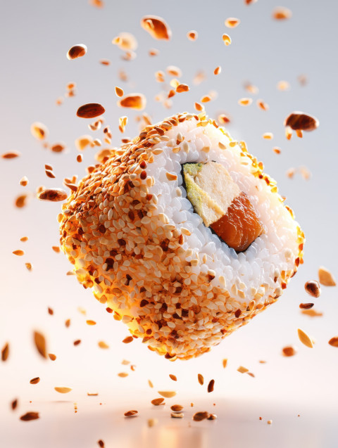 Hyper-realistic photograph of a sushi roll slice floating mid-air