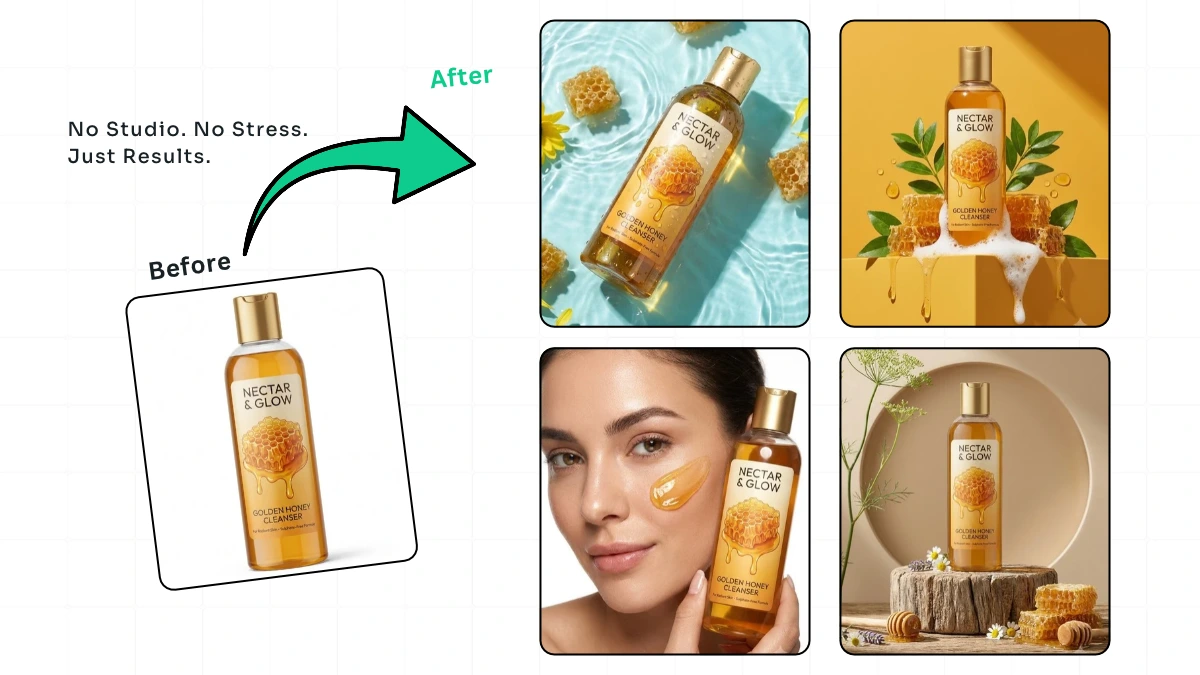 Luxury frosted glass amber serum bottle on wet travertine stone with botanical morning sunlight reflections