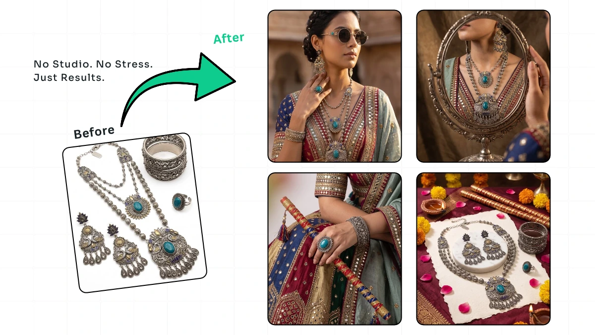 Navratri festive jewellery photoshoot featuring antique gold necklace on raw silk with marigold petals and brass diya lighting