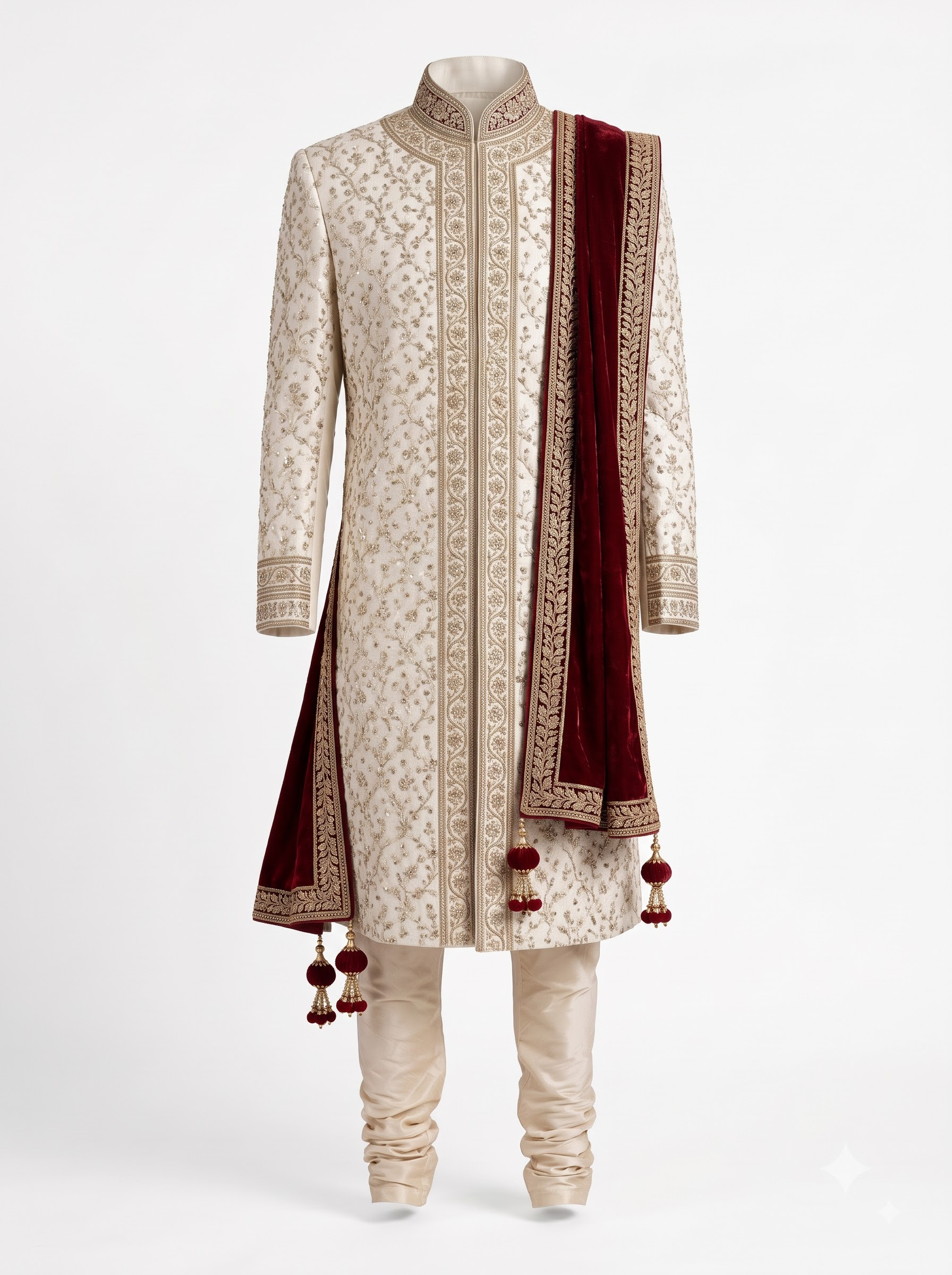 Original raw unedited product image for Mens Embroidered Raw Silk Groom Sherwani AI Fashion Photography Prompts