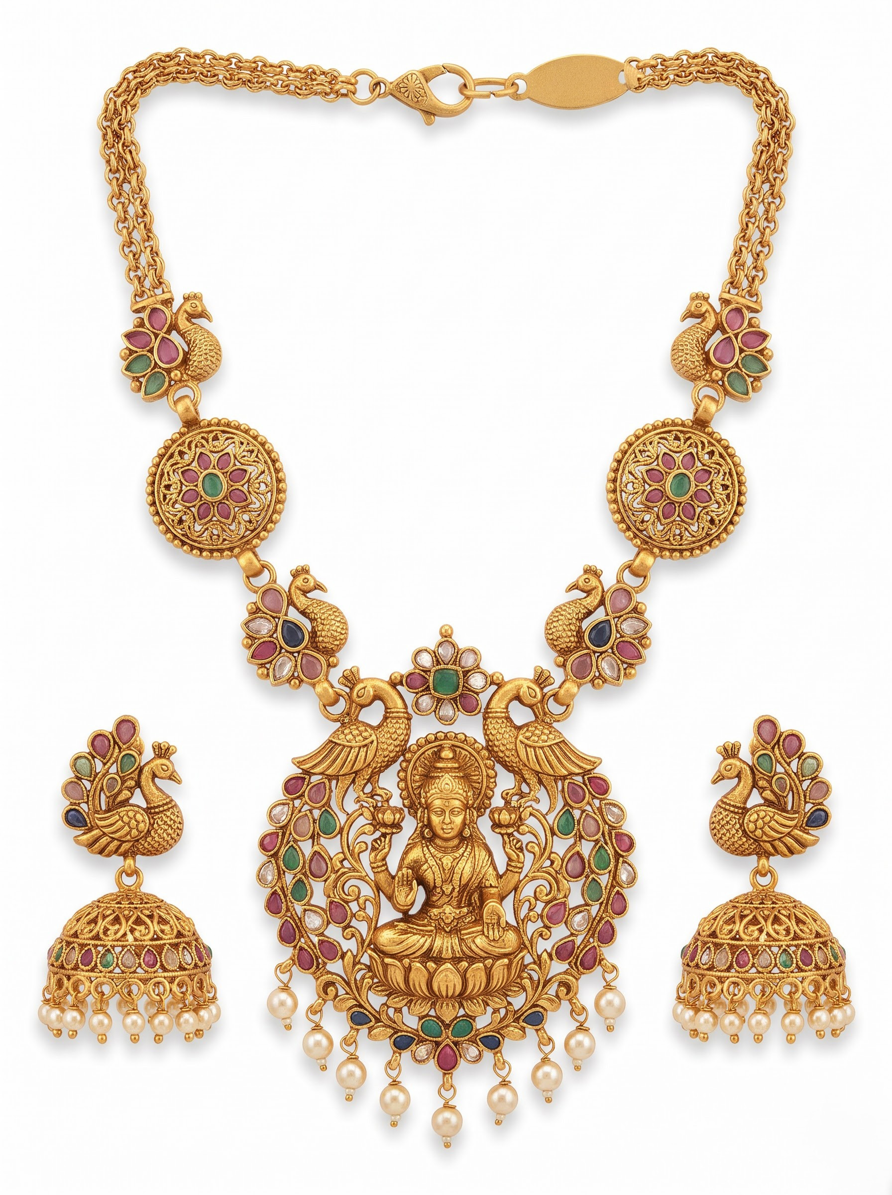 Original raw unedited product image for AI Temple Jewelry Photography Prompts Antique Gold Lakshmi Necklace & Jhumka Set in Royal Heritage Studio Settings