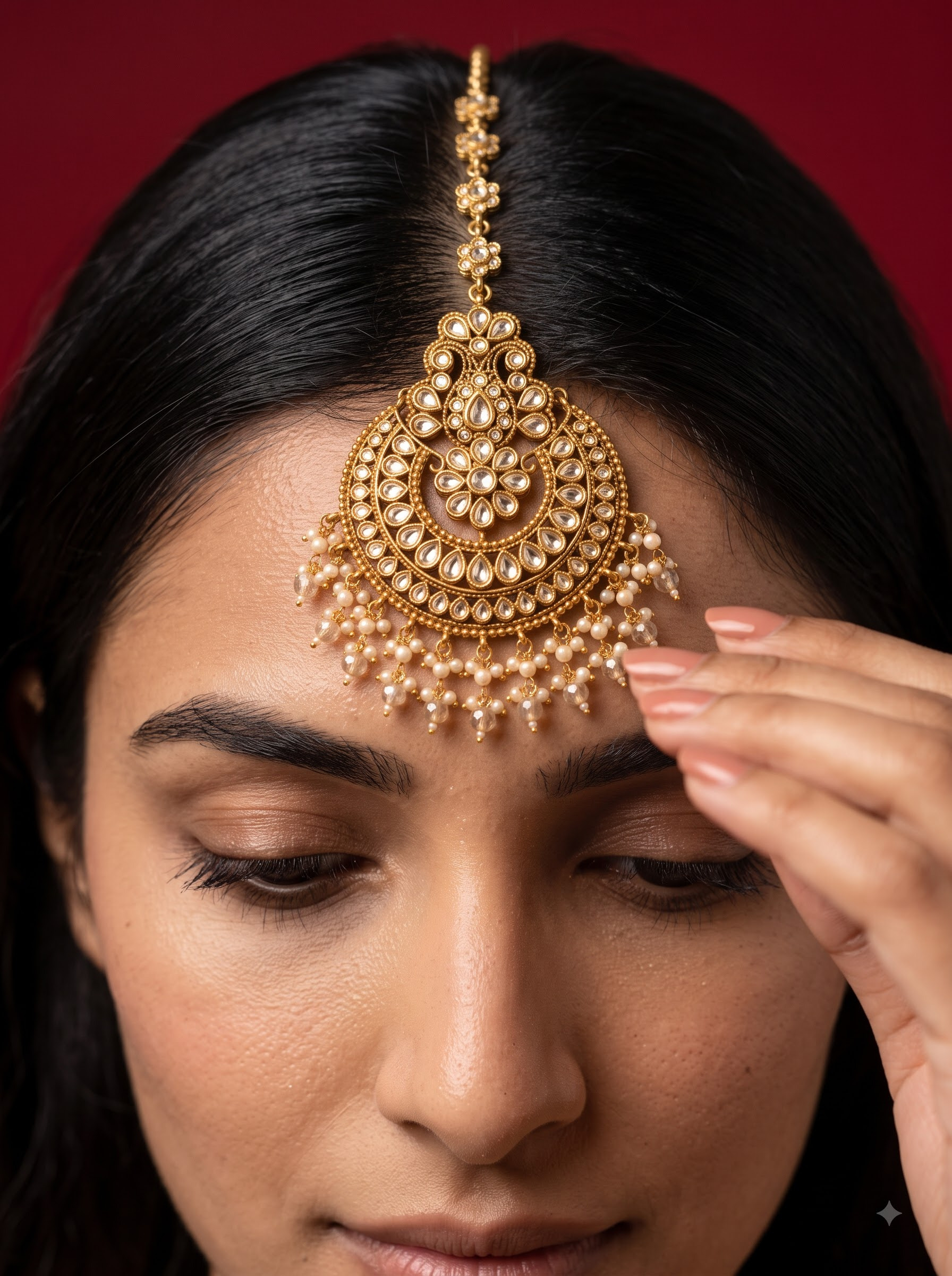 Final transformed commercial visual for AI Indian Bridal Jewelry Maang Tikka Photography Prompts & Studio Editorial Pack