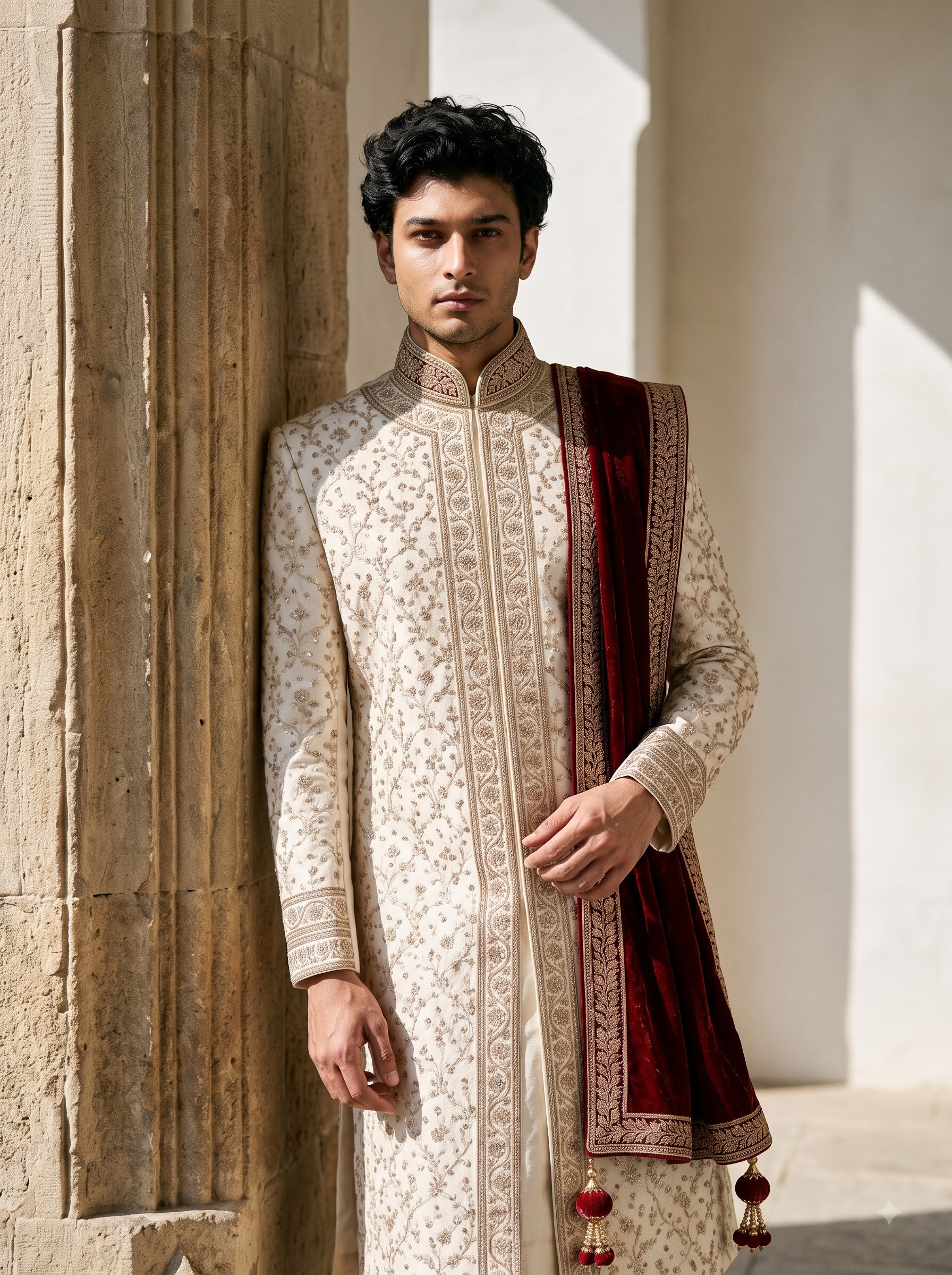 Final transformed commercial visual for Mens Embroidered Raw Silk Groom Sherwani AI Fashion Photography Prompts