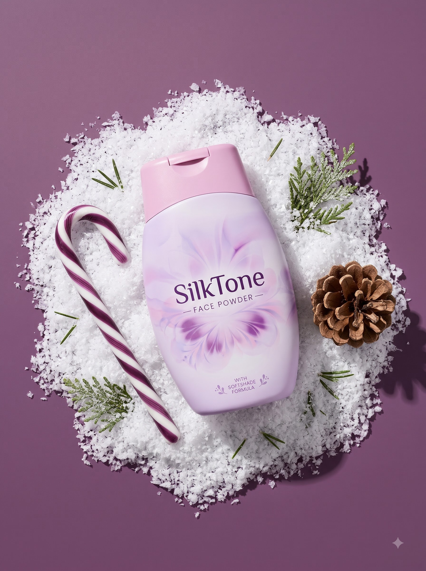 Final transformed commercial visual for AI Christmas Festive Holiday Skincare & Face Powder Photography Prompts