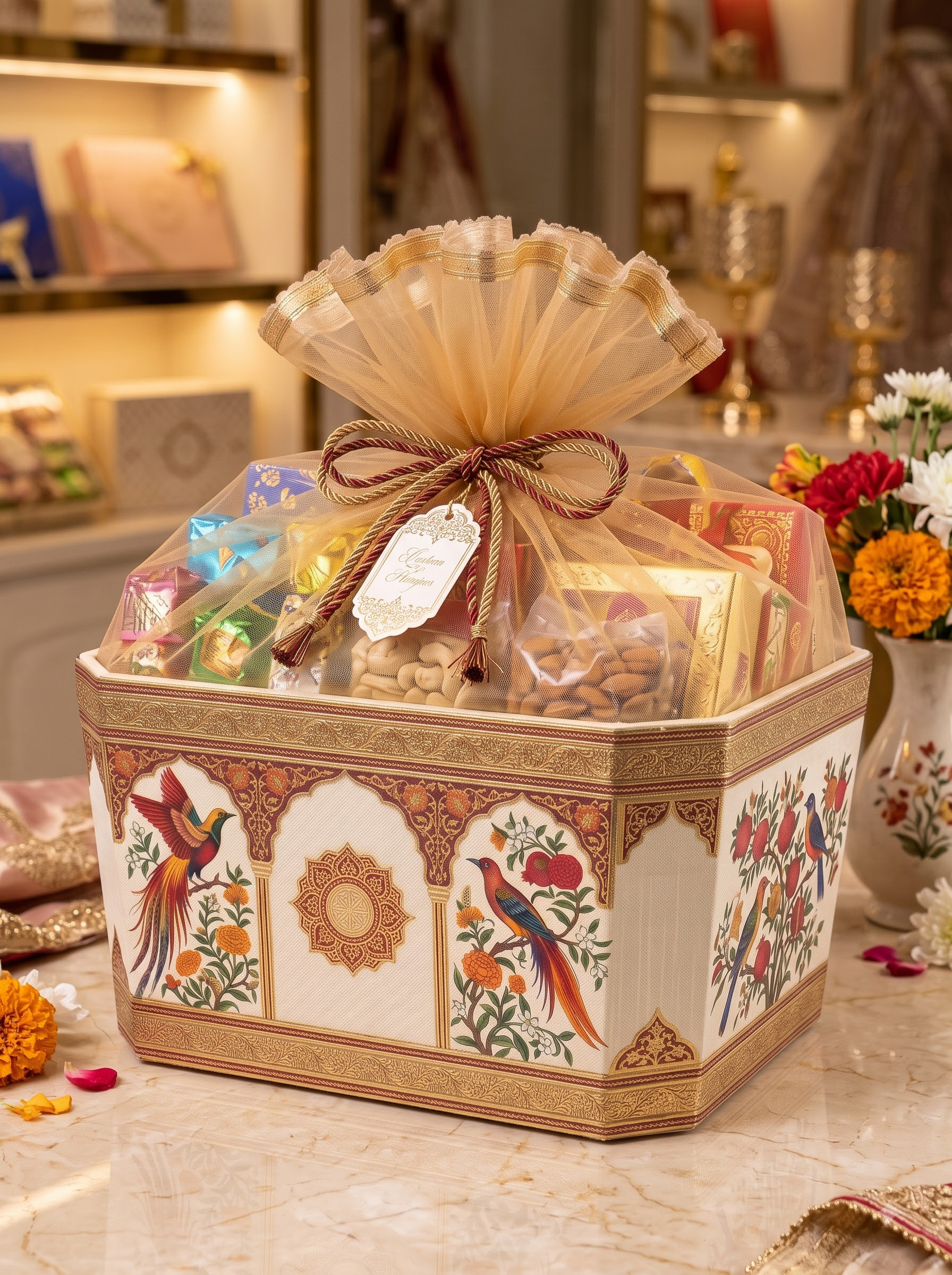 Final transformed commercial visual for Festive Indian Gift Hamper Photography Prompts for Luxury Packaging & Sweets