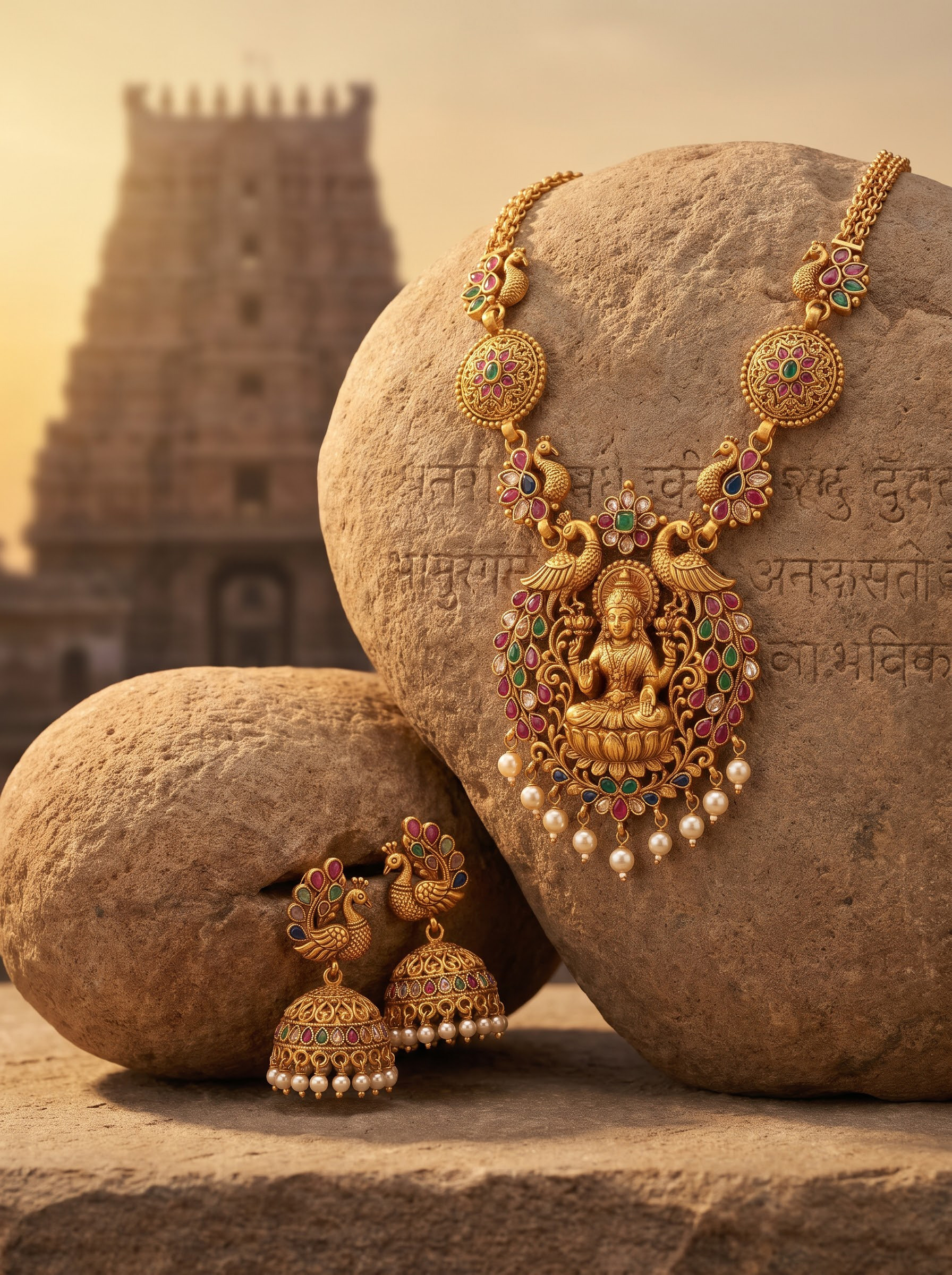 Final transformed commercial visual for AI Temple Jewelry Photography Prompts Antique Gold Lakshmi Necklace & Jhumka Set in Royal Heritage Studio Settings