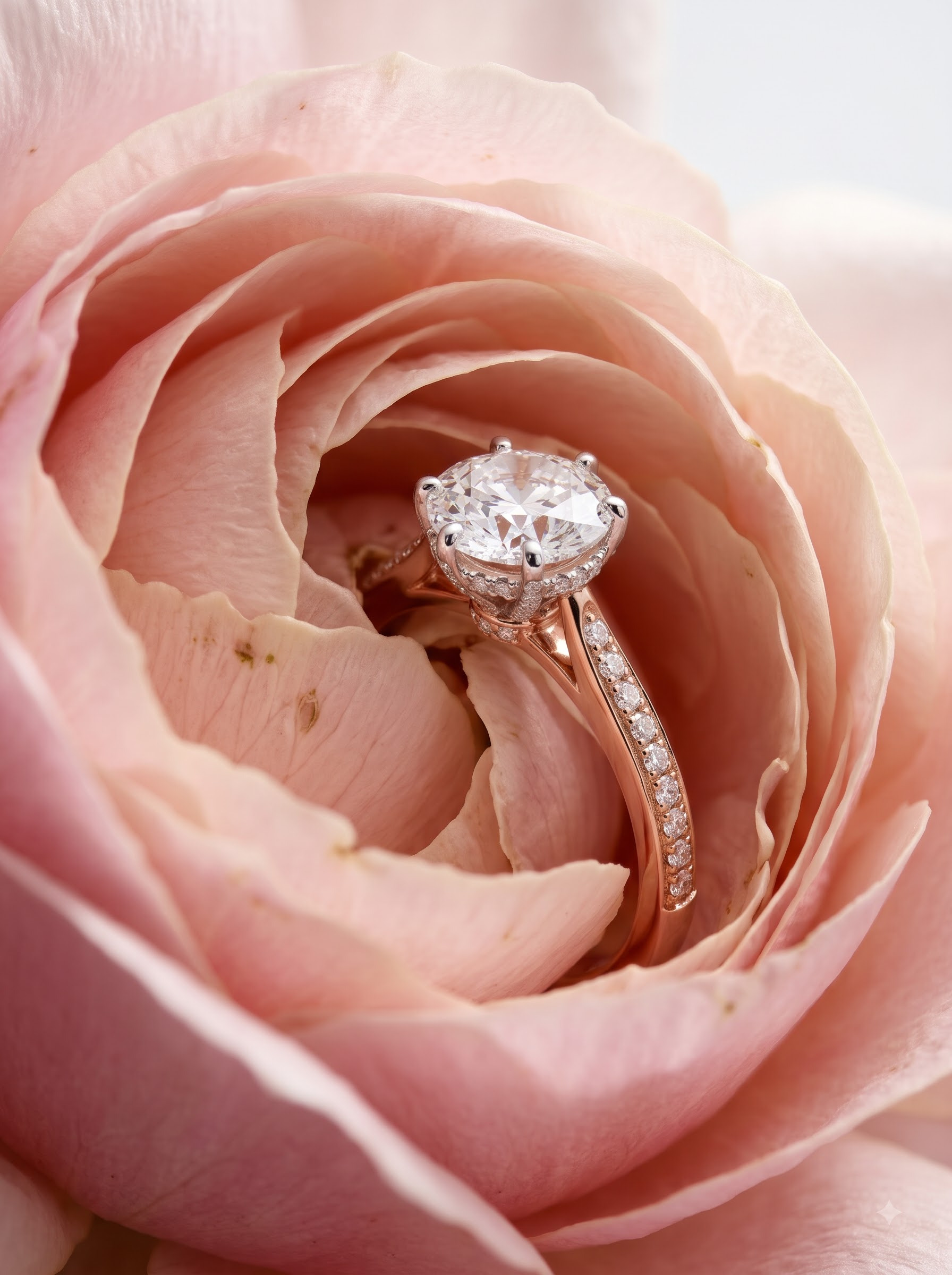 Final transformed commercial visual for AI Rose Gold Diamond Ring Photoshoot Prompts & Studio Packshots