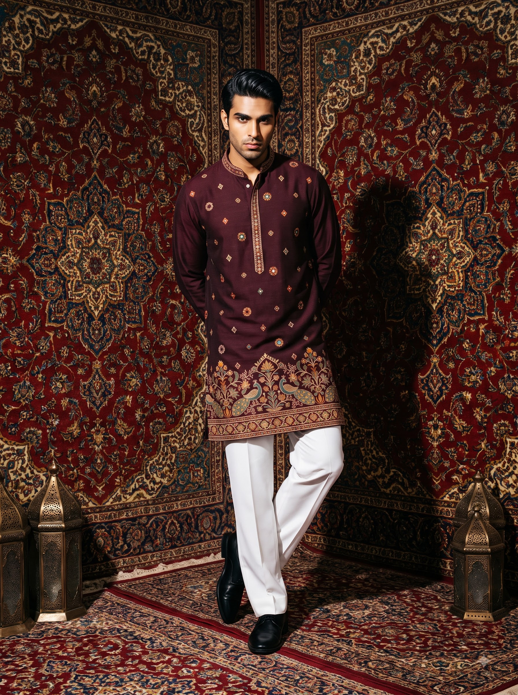 Final transformed commercial visual for Men Heritage Silk Kurta Ethnic Editorial AI Photoshoot Prompts