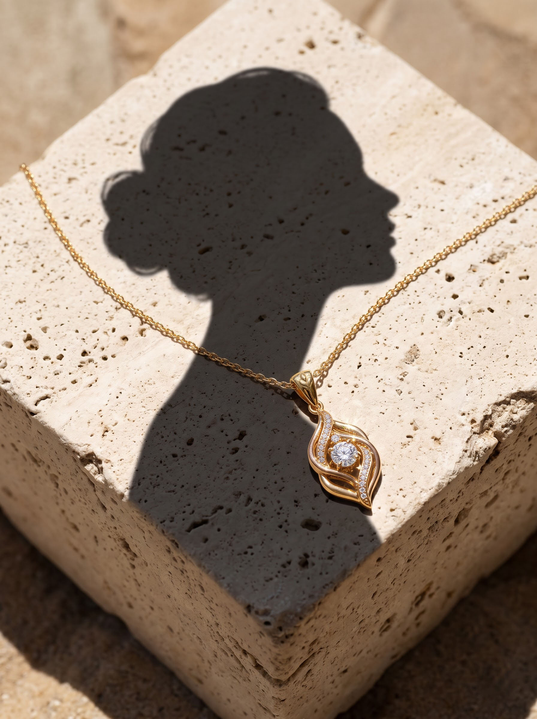 Final transformed commercial visual for Gold & Diamond Swirl Pendant AI  Photography Prompts